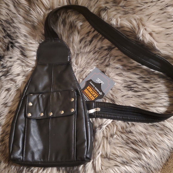 Diamond Plate Handbags - Genuine Leather Black Biker Backpack with Zipper Strap